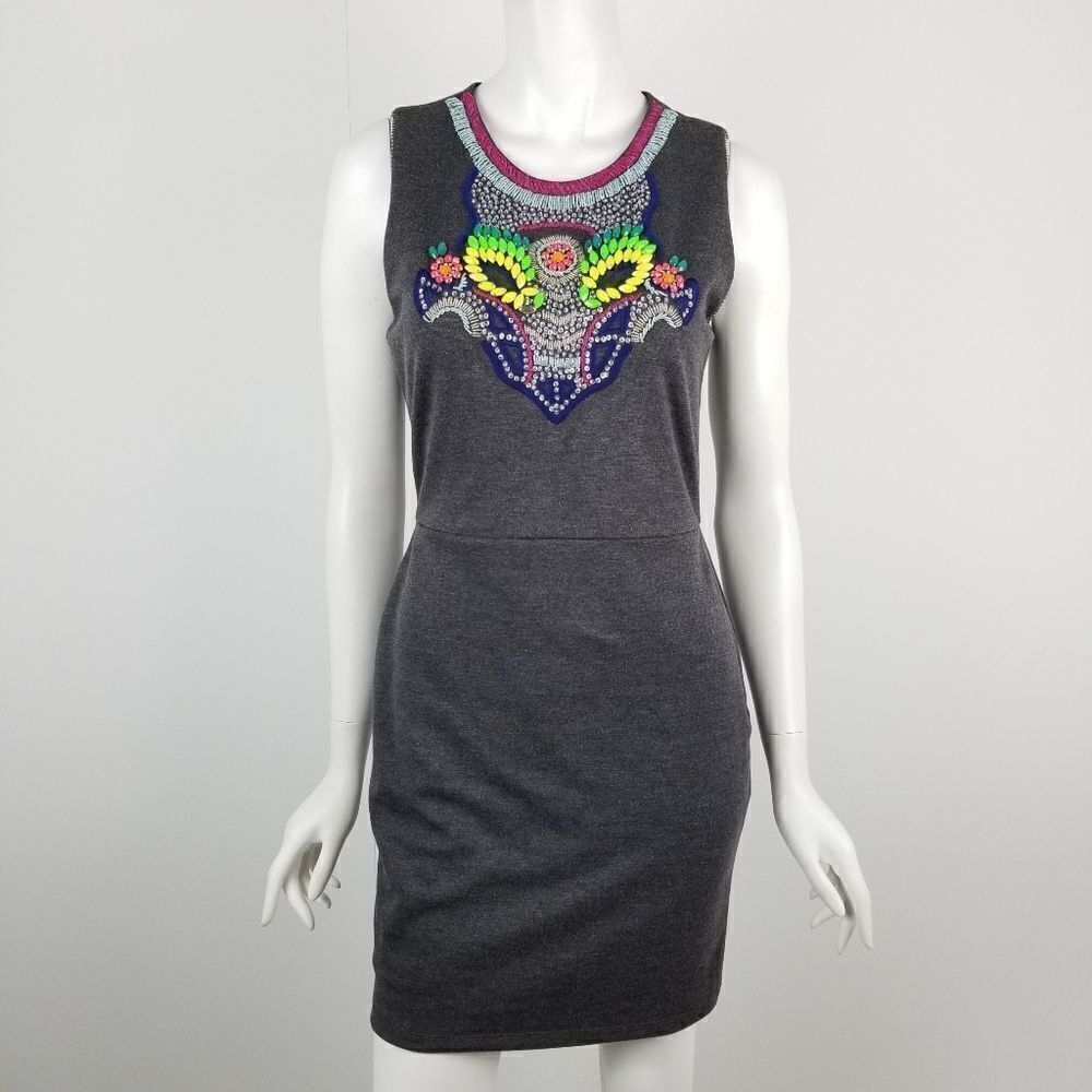 Greylin Gray Beaded Embelished Neckline Dress Sz M